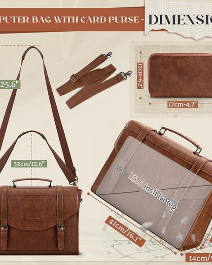 RAINSMORE Flap Messenger Bag for Men Vintage PU Leather Laptop Bag 15.6 Inch Retro Briefcase with Wallet Satchel Computer Bag