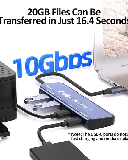 USB C Hub 3.2 10Gbps, VEMONT Aluminum USB 3.2 Hub with 2 USB-C and 2 USB-A Data Ports, Ultra Slim USB 3.2 Gen 2 Hub for MacBook Pro/Air 2022/2021, iPhone 15, iPad Pro, XPS, Surface Pro and More