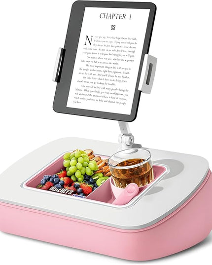 Tablet Pillow Stand for Lap Use with Snack Bowl and 360° Rotating Arm, Adjustable iPad Holder for Bed, Couch, and Recliner, Compatible with 4.7"-13" Kindle, iPad, Tablet, Phone,Pink