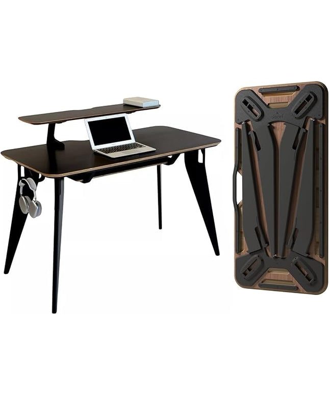 HOEK Desk Bundle, Modern Home Office Desk with 47.5" x 23", Integrated Monitor Shelf, Storage Shelf, Wall Cleat and Hook, Space-Saving, Portable Collapsible Table for Work and Study (Black/Black)
