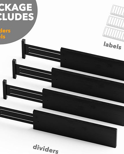 SpaceAid Bamboo 4 Pack Dresser Drawer Dividers, 4.65“ High Adjustable 17“-22” Drawer Organizers, Expandable Organization for Clothing, Clothes, Dressers, Black