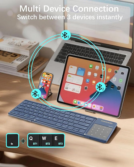 Nillkin Upgraded Foldable Bluetooth Keyboard with Touchpad & Number Pad, Portable Wireless Keyboard for Travel, Pocket-Sized, Full Size Keys, Support 3 Devices for iPad Laptop Tablets Phone, Blue
