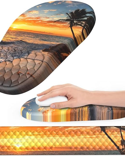 Ergonomic Mouse Pad and Keyboard Wrist Rest with Massage Design, Space-Saving Mouse Pad Wrist Support, Memory Foam Wrist Rest with Non-Slip PU Base for Computer Desk, Beach