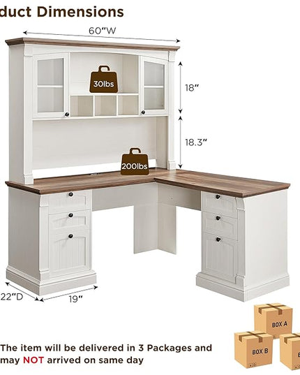 OKD 60" L Shaped Executive Desk with Hutch and Drawers, Farmhouse Home Office Desk with Charging Station, File Cabinet Storage, Wood Corner Computer Desk for Work and Study, Antique White