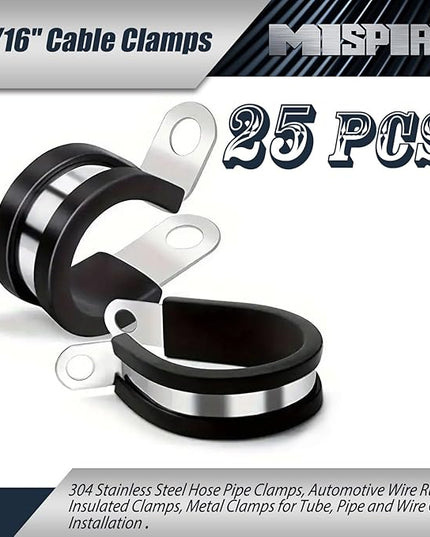 25 Pack 3/16 inch Cable Clamps, MISPIRE Stainless Steel Hose Pipe Clamps, Automotive Wire Rubber Insulated Clamps, Metal Clamps for Tube, Pipe and Wire Cord Installation