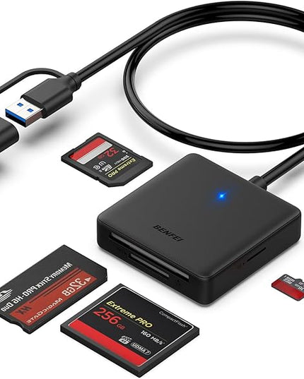 Memory Card Reader, BENFEI 4in1 USB 3.0 and USB-C to SD Micro SD MS CF Card Reader Adapter, 4 Cards Simultaneously Read and Write, Compatible with iPhone 15 Series, MacBook Pro/Air 2023, and More