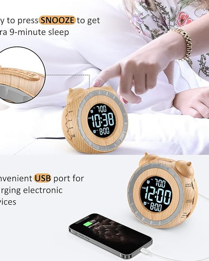 uscce Dual Extra Loud Alarm Clock with Bed Shaker - 0-100% Dimmer, Vibrating Alarm Clock for Heavy Sleepers or Hearing Impaired, Easy to Set, Snooze, Battery Backup, Wake with a Shake(Wood Grain)