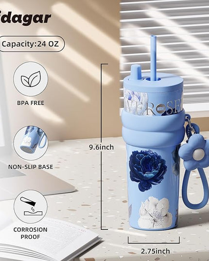 24 oz Stainless Steel Tumbler with Lid and Straw, Insulated Coffee Mug, Leak Proof, Portable Iced Travel Water Bottle, Reusable Thermal Coffee Cup, Floral Blue