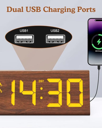 fomobest Wooden Digital Alarm Clock with Dual USB Charging Ports, DST, Dimmable, Snooze, Modern Large Time Display LED Clock for Kids Bedrooms, Living Room, Desk, Table, Bedside, Nightstand (Brown)