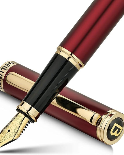 BEILUNER Red Fountain Pen,Stunning Luxury Pens with 24K Gold Finish, Gorgeous 24K Gilded Nib(Fine), Trustworthy Pen Gift for Men&Women -Ink Converter-Elegant,Graduation,Office,Nice Pen for Writing