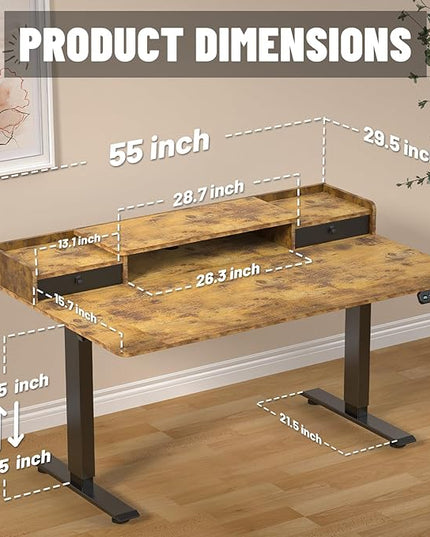 55 x 30 Inch Electric Standing Desk with 2 Drawers, Adjustable Height Widened Stand Up Desk with Storage, Sit to Stand Ergonomic Workstation for Home Office, Rustic Brown