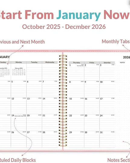 SUNEE 2026 Weekly & Monthly Planner 9"x11.2"- 12 Month (January 2026 - December 2026), Vegan Leather Cover, Pocket, Bookmark, Notes, Monthly Tab, Peach Pink