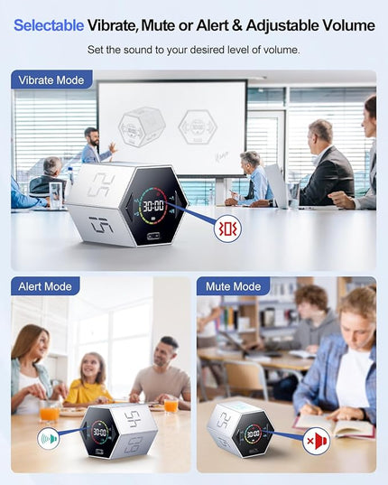 Ticktime Pomodoro Timer, Productivity Timer Cube, 5/15/25/30/45/60 Min Presets, Custom Countdown & Stopwatch 1s–99m59s, Sound/Vibration/Silent, Magnetic, Rechargeable, for ADHD Study Work, Silver