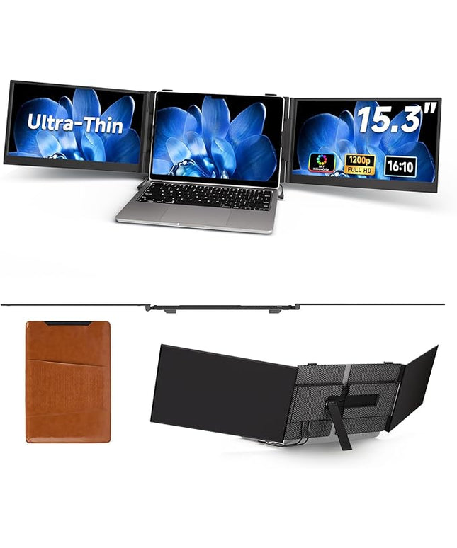 15.3" Laptop Screen Extender, 1200P FHD Ultra-Thin Triple Screen Laptop Monitor Extender, 100%sRGB Travel Portable Monitor for Laptops, Multi Screens Laptops Attachment Compatible with Windowss Mac