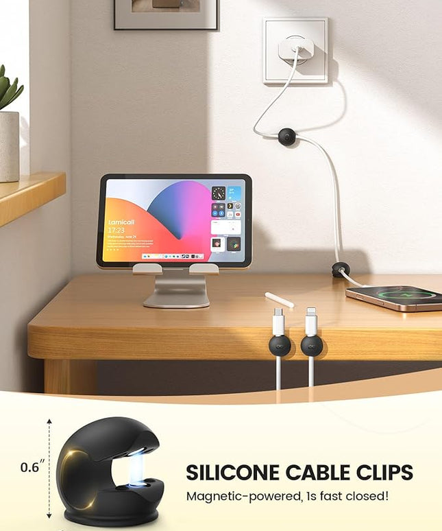 8Pack Magnetic Cord Organizer Clips - Lamicall [Mini-Soft Silicone] Cable Management for Phone Charger Cord, Durable Adhesive Cable Holder for Desk Nightstand, Home Office Organizer Gadget Accessories