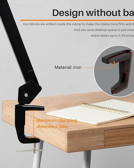 LED Architect Desk Lamp, 4500 Lumens, Dimmable, Metal Swing Arm, 5 Color Temperatures, 50W, Ideal for Task Work, Drafting, Reading, Clamp-on Office Table Lamp with 684 Bright LEDs (Black, CCT)