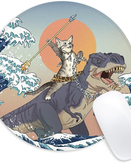 Cat and Dinosaur Round Mouse Pad,Funny Small Mouse Pad with Non-Slip Rubber Base,Mouse Mat,Home Office Decor Desk Accessories,8.7inch Round Mouse Pad