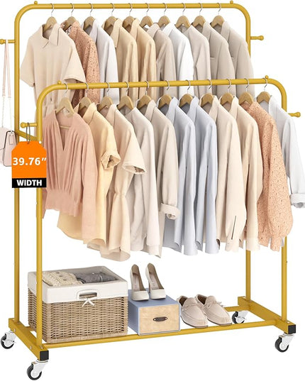Laiensia Double Rods Garment Rack with Wheels, Clothing Rack for Hanging Clothes,4 Hooks, Multi-functional Bedroom Clothes Rack, Gold