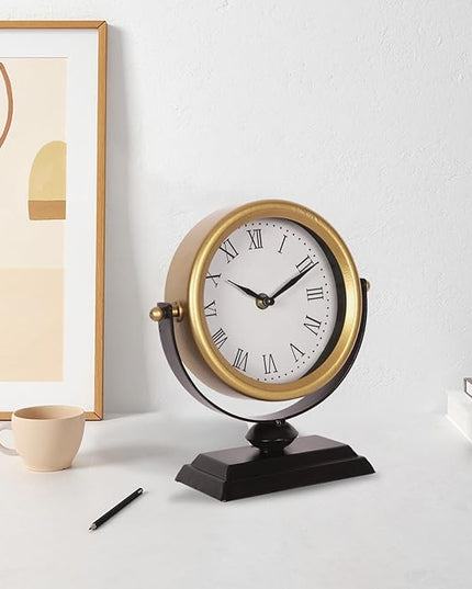 Desk Clock - Classic Vintage Clock and Decorative Shelf Decor,Silent Non-Ticking Clock with Distressed Metal Frame for Office, Living Room or Bedroom