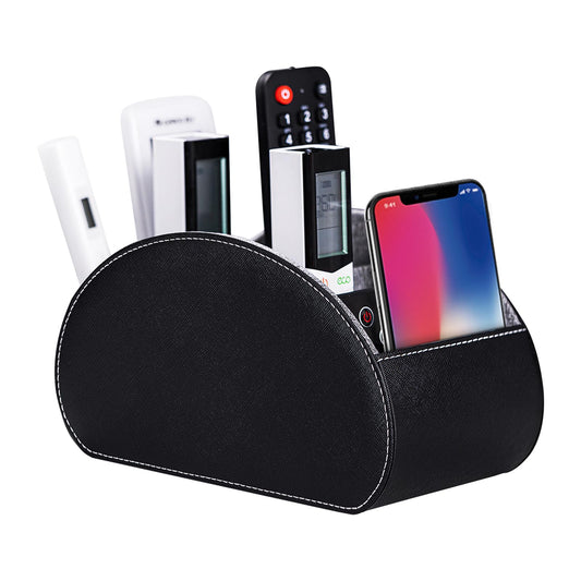BONNY DODO Remote Control Holders Organizer Box with 5 Compartment PU Leather Multi-functional Office Desk Storage Caddy Store Tv Remote for Media Player,Brush,Pencil,Glassees&Office Supplies (Black)