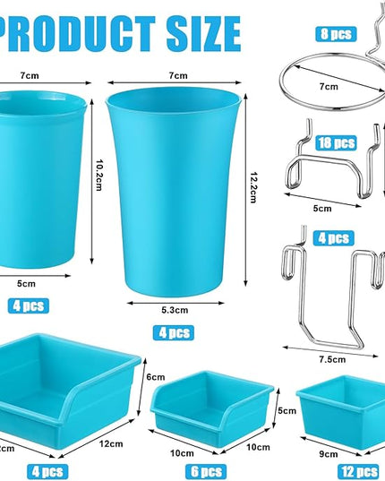 Roowest 60 Pcs Pegboard Cups Pegboard Bins Set, Wall Organizer with Hooks and Loops, Hooks Assortment Organizer Accessory for Office Storage Garage Craft Workshop(Blue)