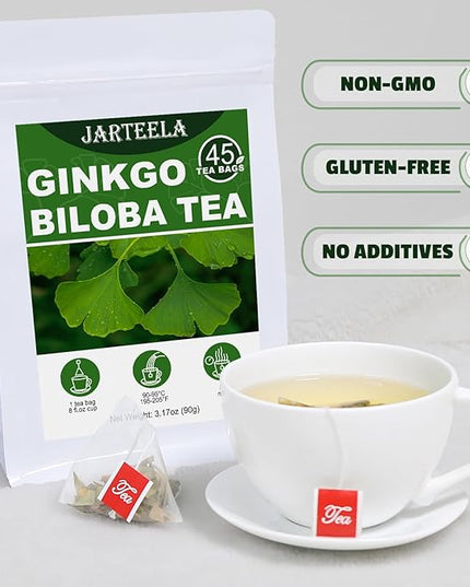 Jarteela - Ginkgo Biloba Tea Bags - 2g x 45 Count - Naturally Dried Ginkgo Biloba Leaves - Non-GMO - Caffeine-Free - Support Liver Health & Enhance Immunity