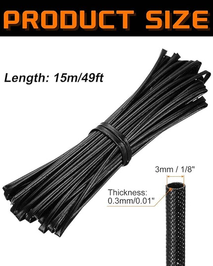 MECCANIXITY 49ft Braided Cable Sleeve, 1/8" ID 200C High Temperature 1500V Fiberglass Wire Insulation Cord Protector Organizer Wires Management for Motor Engine Fuel Line, Black