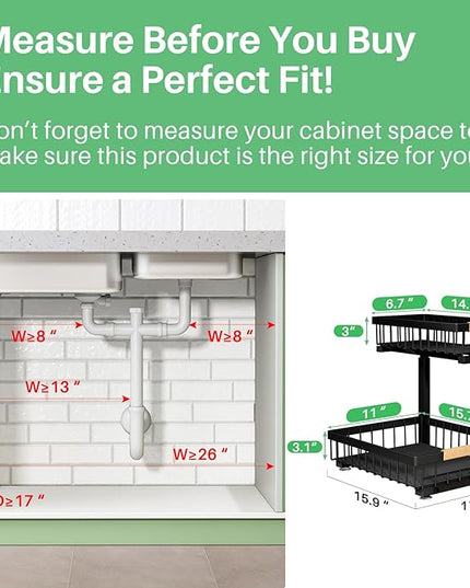 Under Sink Organizer, 2 Packs 2 Tier Under Sink Organizers and Storage, Slide out Pull out Cabinet Organizer Shelf, Metal Sliding Drawer for Kitchen Bathroom Pantry Cabinet Closet Organization Rack