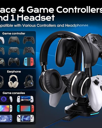 RGB Headset Stand with 9 Light Modes and 2 USB Charging Ports - Controller Holder for Desk - Headphone Stand & Detachable Controller Hook for PC Earphone Gaming Room Setup Accessories