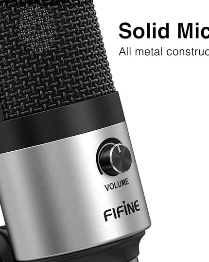 FIFINE USB Microphone for Zoom Video Meeting Online Class on PC Computer, Metal Condenser Desktop Mic with Gain Control for Windows and Mac, Silver - K669S