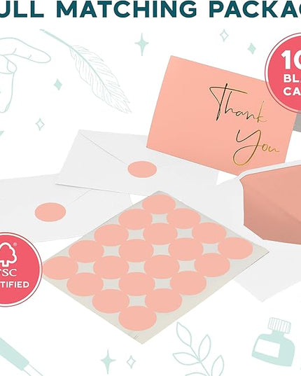 VNS Creations Gold Foil Thank You Cards With Envelopes Bulk Set & Stickers - 100 Pack 4x6 Blank Thank You Notes Box Set - Large Note Card Small Business, Wedding, Baby Shower & Bridal Shower - Peach