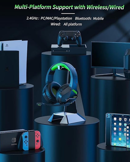 BINNUNE 2.4GHz Wireless Gaming Headset, Bluetooth 5.3 Gaming Headphones with Noise Canceling Mic, 120H Ultra-Long Battery, 50mm Drivers, Multi-Platform for PC / PS5 /PS4/ Switch/Mobile, Green