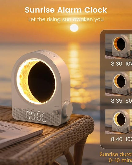 Sunrise Alarm Clock, White Noise Machine & Meteor Moonlight - 10 Soothing Sounds, Dual Alarms, 30/60/90min Timer, Easy Snooze - Bedroom Gift for Insomnia Adults/Women - White