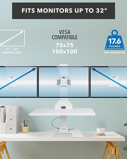 Mount-It! Triple Monitor Electric Standing Desk Converter - 3 Monitor Standing Desk is Height Adjustable, Sit-Stand Converting Desk for Home, Office Monitor Mounts Fits Screens up to 32" White