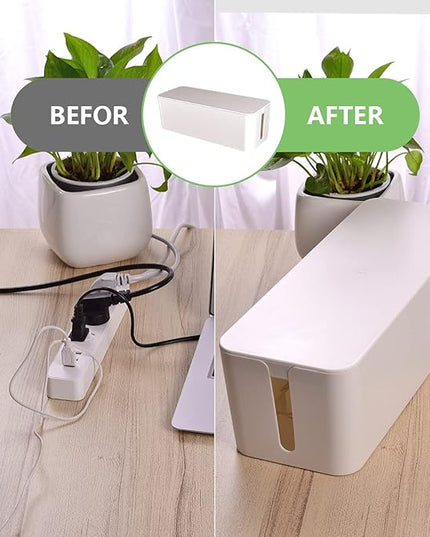 Cable Management Box, Large Cord Organizer Box to Hide Power Strip & Under Desk,TV Computer Wires Cable Organizer Hider Box with Cable Clips&Reusable Cable Ties for Home/Office(White)