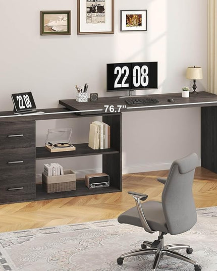 HSH L Shaped Computer Desk with Drawers, 360 Rotating L Shape Desk with Storage Cabinet Shelves, Industrial Home Office Desk for Executive Writing Study Work, Dark Wood Table Swivel Desk, Gray 55 Inch