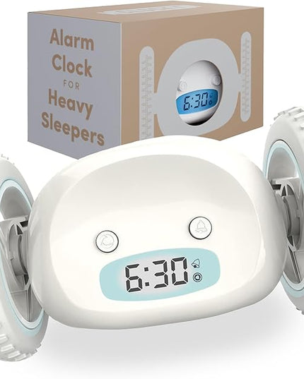 CLOCKY Alarm Clock on Wheels – Loud Rolling Alarm Clock for Heavy Sleepers | Runaway Clock That Jumps & Runs to Wake You Up | Funny Unique Gift for Adults & Teens (White)