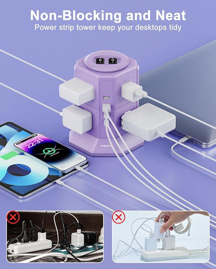 Flat Plug Power Strip Tower with 8 Outlets 4 USB Ports (2 Type C), Surge Protector Power Strip with 6.5 FT Extension Cord, Outlet Extender Charging Station with Multiple Outlets for Home Office Dorm