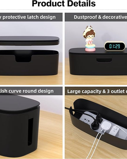 Cable Management Box - Large Cord Organizer Box to Hide Power Strip & Under Desk, TV Computer Wires Cable Organizer Box with Baby Proofs, Desk Cord Organizer for Home/Office - Black