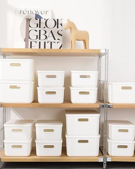 Plastic Storage Baskets Bins Boxes With Lids,Organizing Container White Storage Organizer Bins For Shelves Drawers Desktop Playroom Classroom Office,6-Pack(4M+2S)