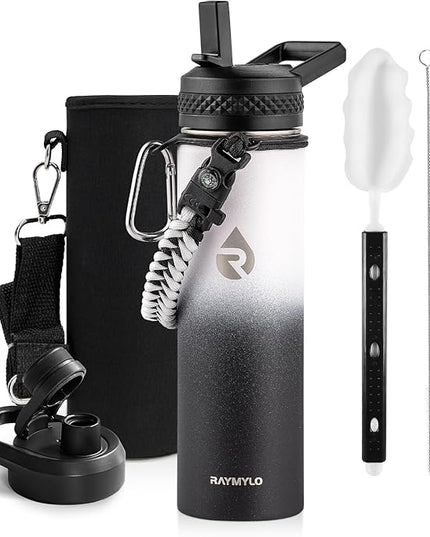 Insulated Water Bottle 20 oz, Triple Wall Vacuum Stainless Steel (Cold for 48 Hrs), Leak Proof & Non-BPA, Kids Water Bottle Jug for School with Straw Spout Lids, Ombre: White/Black