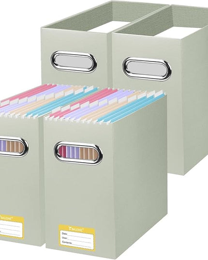 BALEINE File Organizer Box, Cardboard File Folder Organizer with Handle for Letter Size, Portable Collapsible Hanging Filing Box for Home Office Document Storage (4 Pack, Beige)