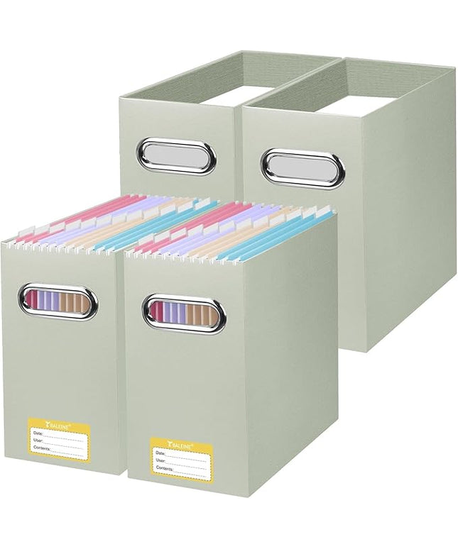BALEINE File Organizer Box, Cardboard File Folder Organizer with Handle for Letter Size, Portable Collapsible Hanging Filing Box for Home Office Document Storage (4 Pack, Beige)