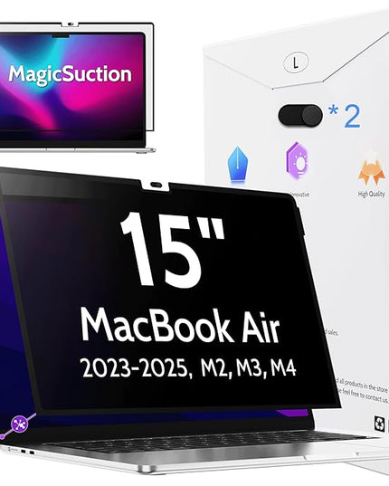 Peslv Privacy Screen for MacBook Air 15 Inch (2023-2025, M2, M3, M4)- A2941 A3114 A3241, MagicSuction™ Removable Anti Spy Black Protector, Glare Blue Light Filter for Mac Laptop Computer