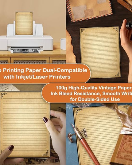 Vintage Lined Paper with Antique Border Design, 50 Sheets, Stationary Paper for Writing Letters, 100gsm, 11 x 8.5'', Aged Stationery for Writing Letters, Invitations, Stationery Writing Papers