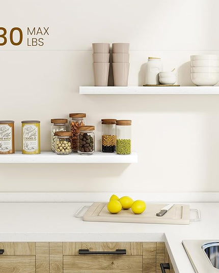 Dreamland 30Inch Floating Shelves for Wall, Rustic Wooden White Floating Shelves for Bathroom|Bedroom|Kitchen, Deep Wall Mounted Book Shelf, Wood Storage Display Shelf for Home Decor, Set of 2