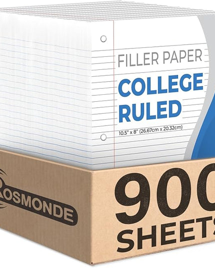 Rosmonde Loose Leaf Paper, 900 Sheets, 6 Pack, College Ruled, 8" x 10.5", 56 gsm Bulk Office Filler Paper, 3 Hole Punched, 150 Sheets/Pack, College Ruled Paper for 3 Ring Binder, Notebook Paper, White