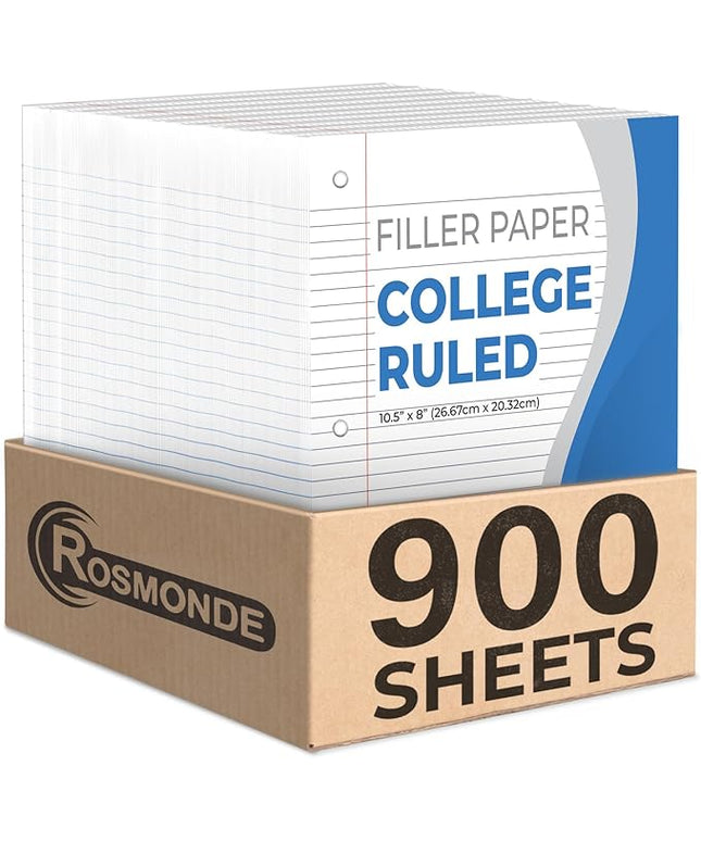 Rosmonde Loose Leaf Paper, 900 Sheets, 6 Pack, College Ruled, 8" x 10.5", 56 gsm Bulk Office Filler Paper, 3 Hole Punched, 150 Sheets/Pack, College Ruled Paper for 3 Ring Binder, Notebook Paper, White
