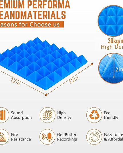 Blue Pyramid Sound Proof Foam Panels for Walls 2"×12"×12" High-Density 24Pack Soundproof Panels Acoustic Foam Panel Noise Absorbing for Studio Soundproofing