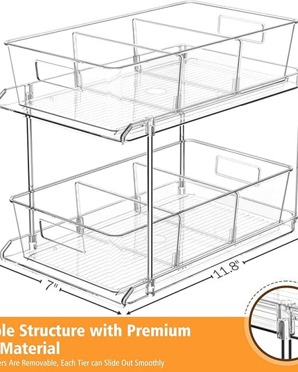 Pull-Out Home Organizer, 2 Pack 2 Tier Clear Bathroom Organizer with Dividers, Multipurpose Vanity Counter Tray, Kitchen, Closet Organizers, Cabinet & Storage Container Bins